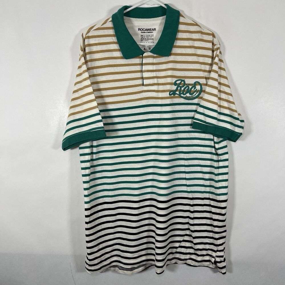 Rocawear Denim Co Polo Shirt Men Size XXL 2XL Teal Striped Short Sleeve Slim Fit